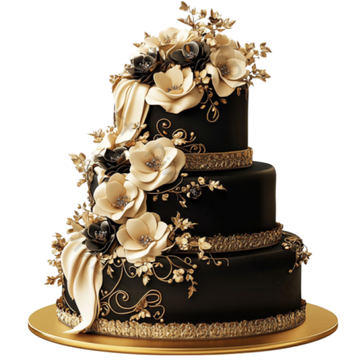 a black and gold wedding cake with flowers