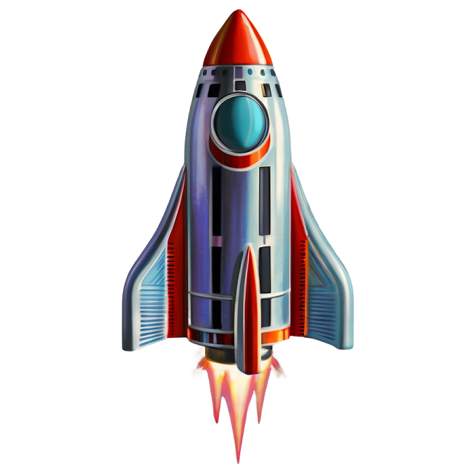 a red and blue rocket on a white background