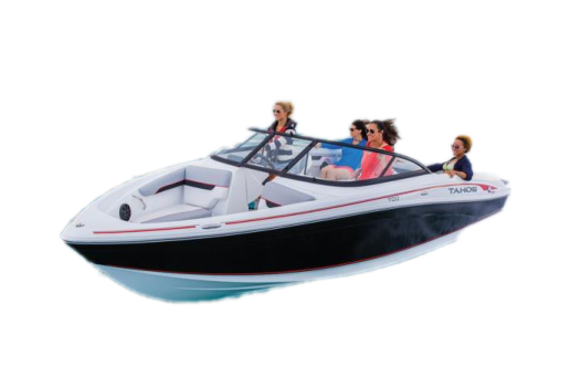 a black and white boat with two people in it