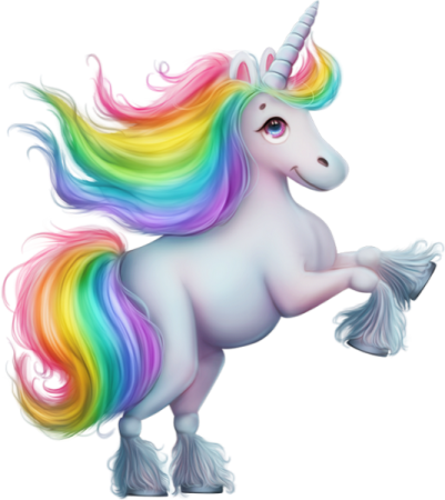 a white unicorn with rainbow colored hair