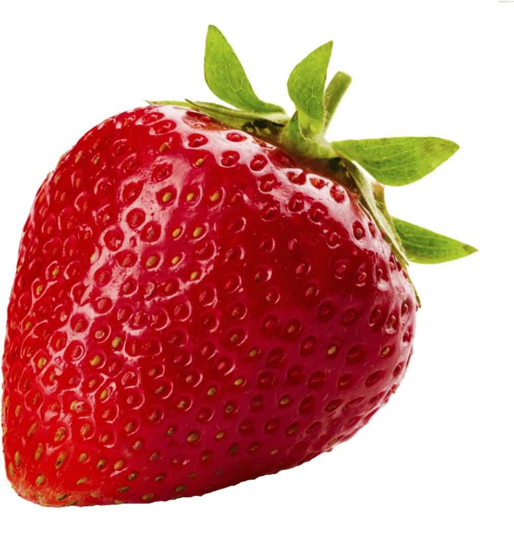a strawberry with a green leaf on top