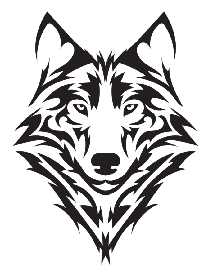 a black and white image of a wolf head