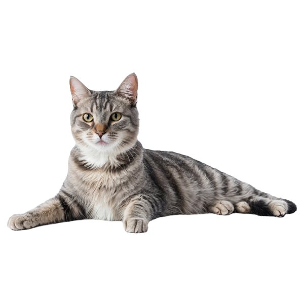 a gray and white cat laying down on the ground