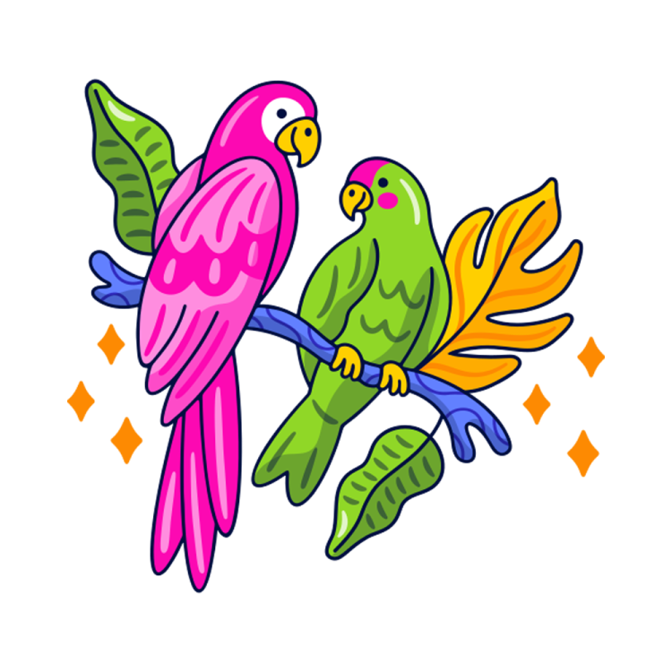 two colorful parrots sitting on a branch