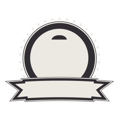a black and white badge with stars around it