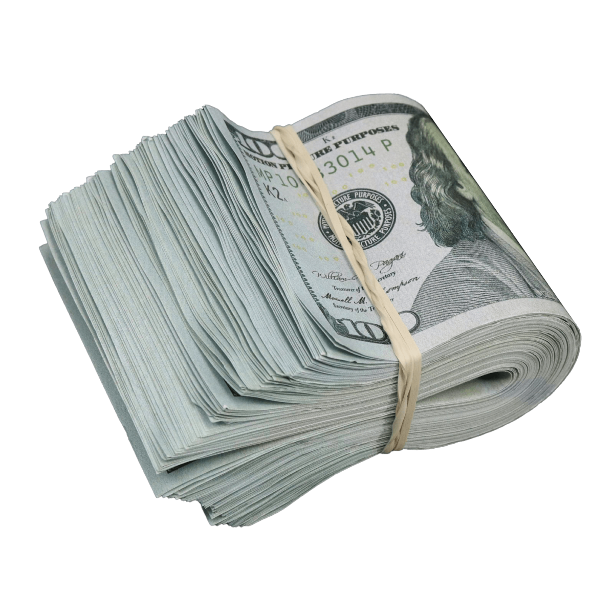 a stack of money on a white background