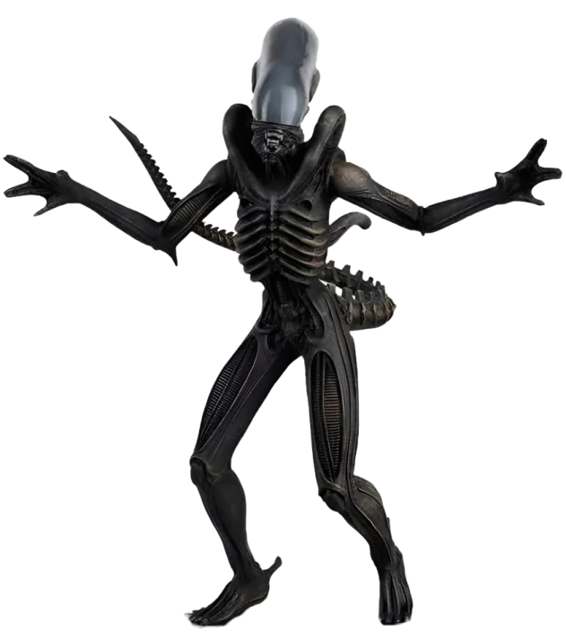 a black alien standing on a white background