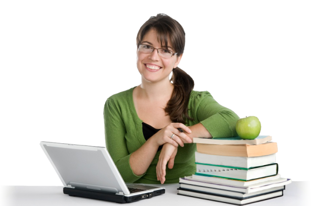 a woman sitting at a desk with books and an apple