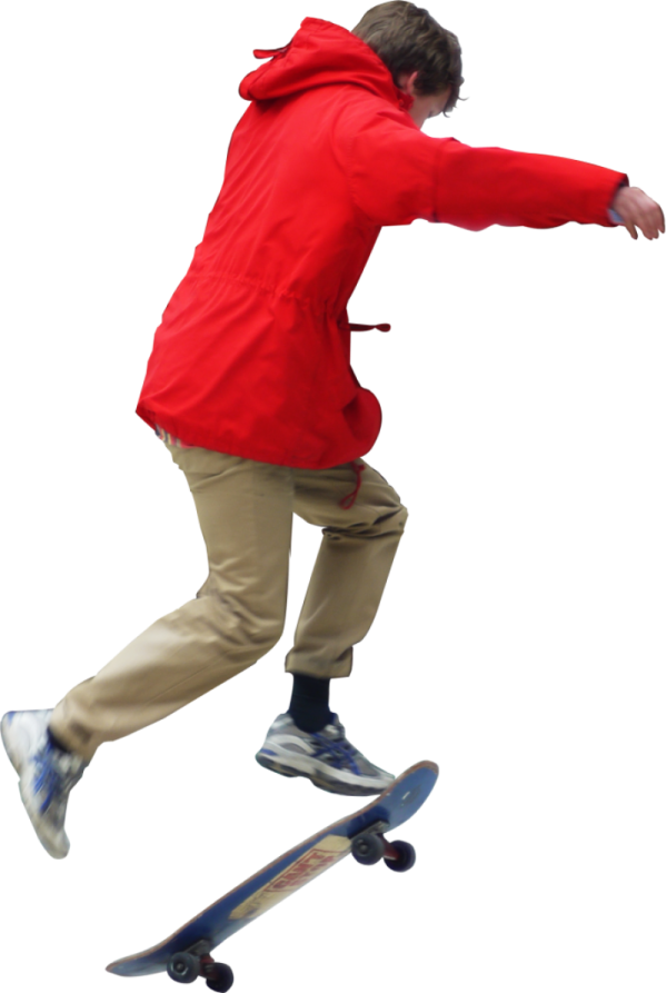 a man in a red jacket riding a skateboard