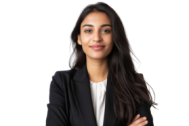 a woman in a business suit with her arms crossed
