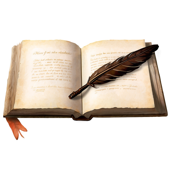 an open book with a feather on top of it