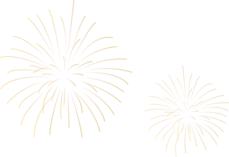 a white background with two gold fireworkss