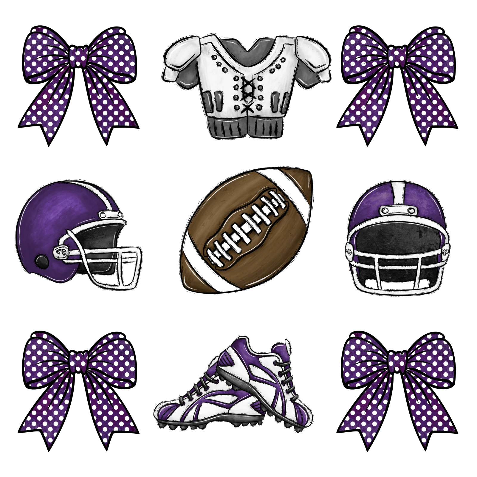 a set of purple and white football themed items