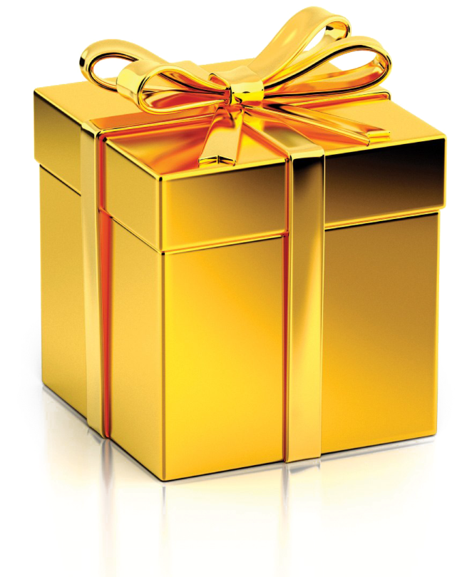 a gold gift box with a bow
