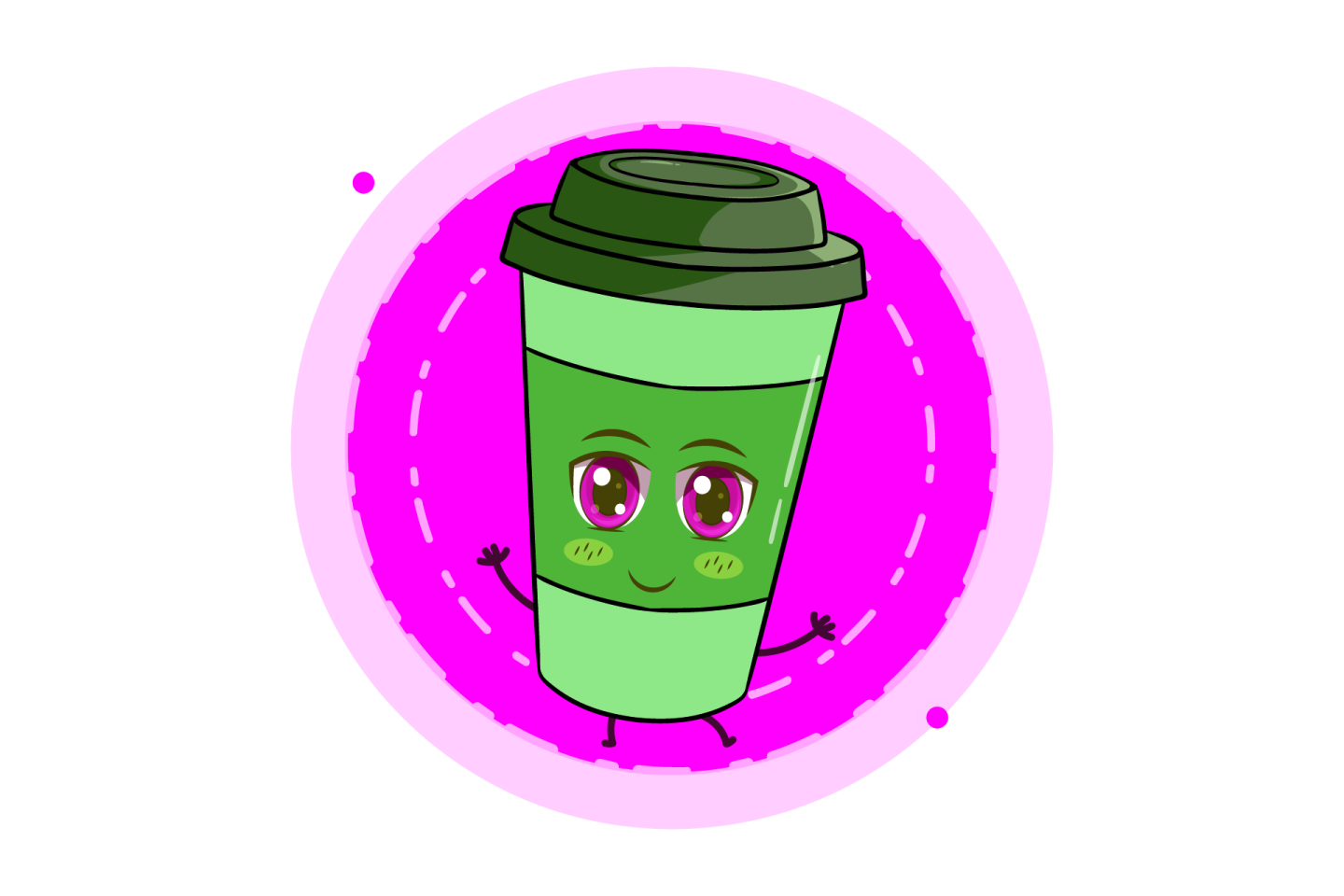 a green coffee cup with a smiling face