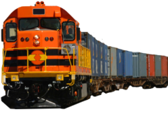 an orange train is traveling down the tracks