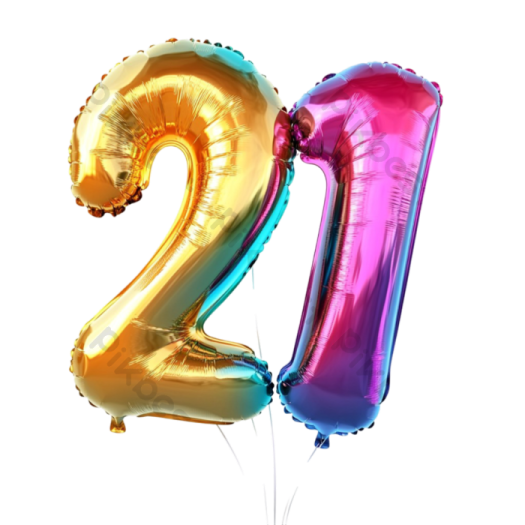 the number 21 balloon in gold, pink and blue
