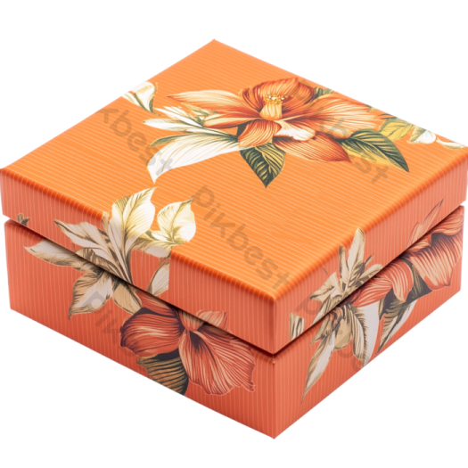 an orange gift box with a floral design