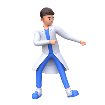 a person in a white coat and blue pants