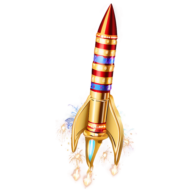 a red and gold rocket is flying through the air