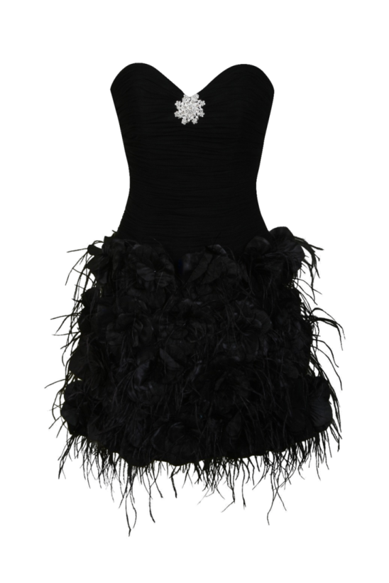 a black dress with feathers on it