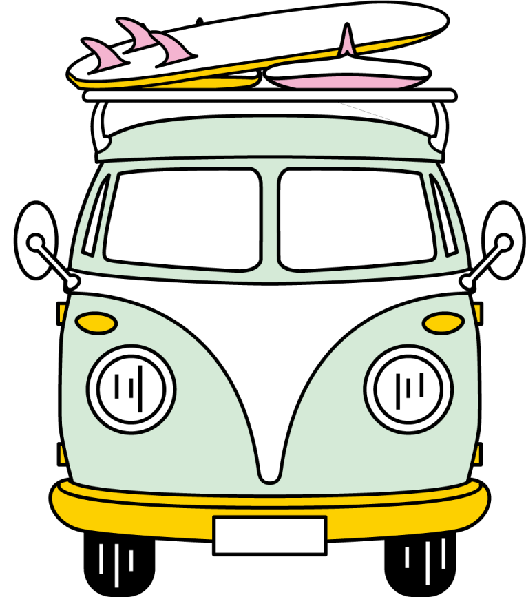 a vw van with surfboards on top