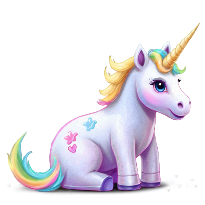 a cartoon unicorn sitting down on the ground