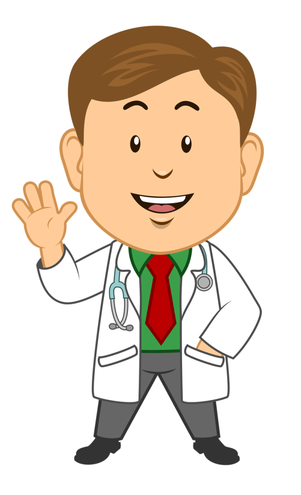 a cartoon doctor with his hand up
