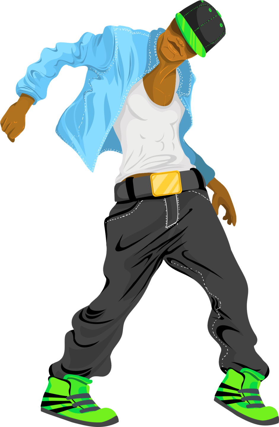 a man in a blue jacket and green shoes dancing