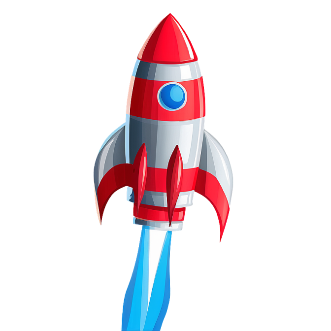a red and white rocket with a blue tail
