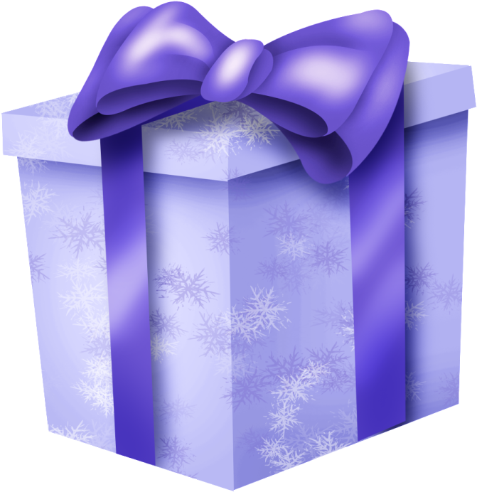 a purple gift box with a bow and snowflakes