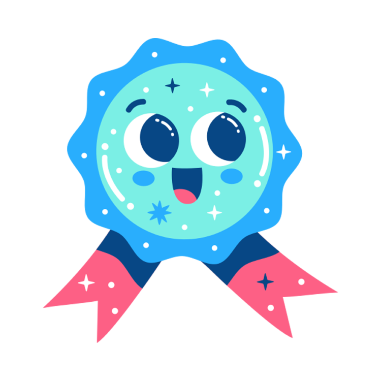 a blue badge with a smiling face and stars around it