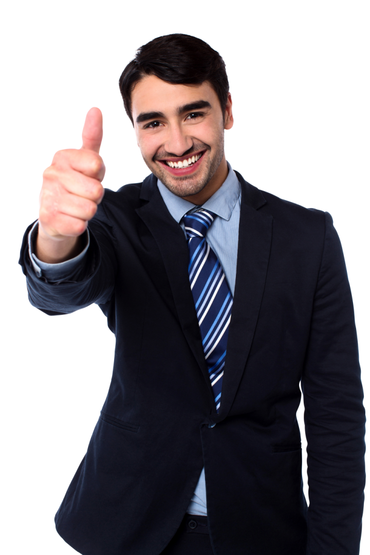 a man in a suit giving a thumbs
