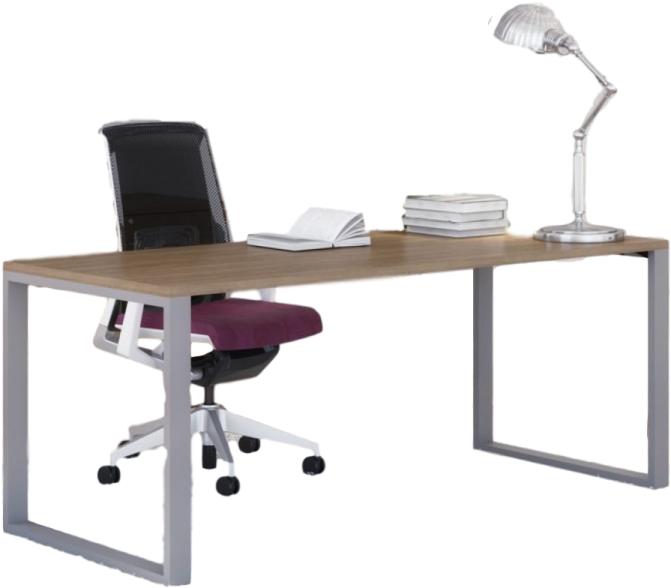 a desk with a chair and a lamp