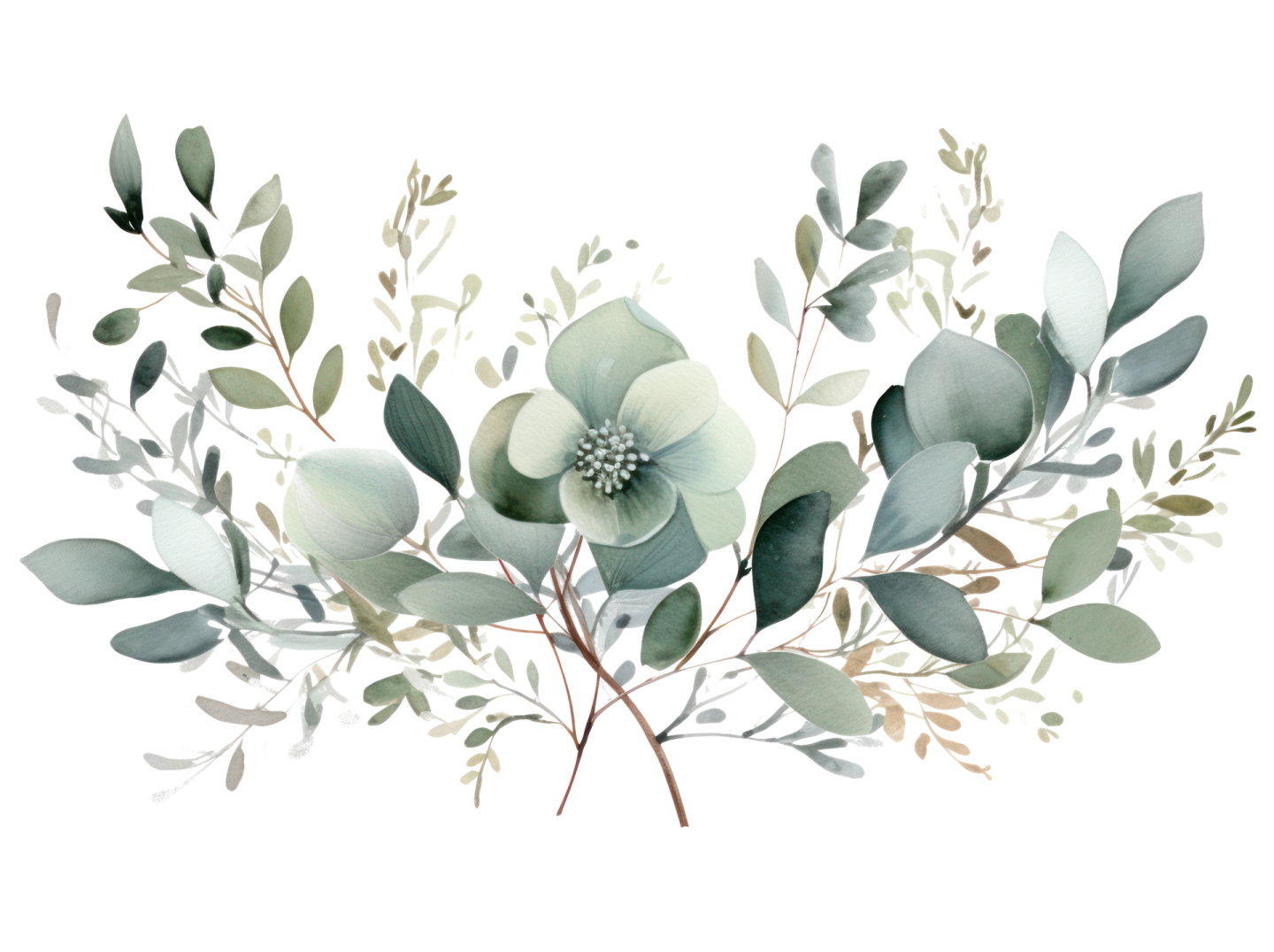 a watercolor painting of green leaves and flowers