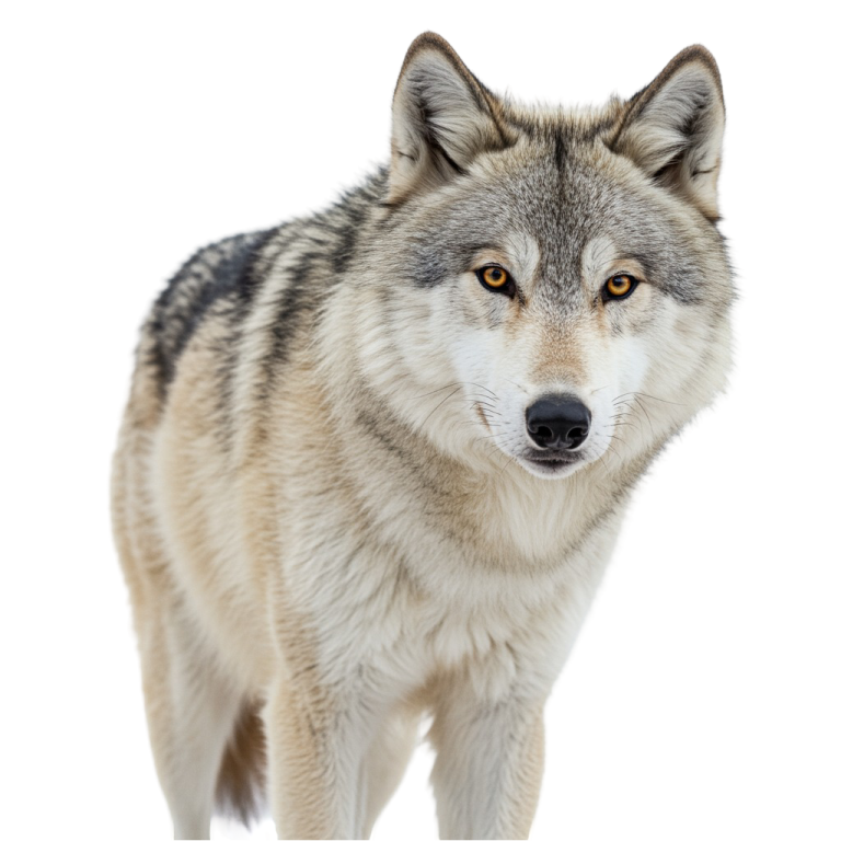 a gray wolf standing in front of a white background