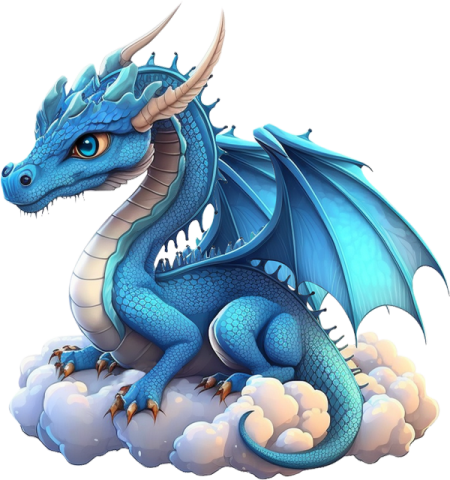 a blue dragon sitting on top of a cloud