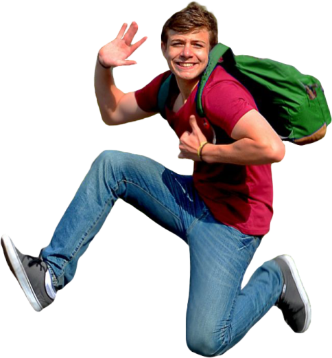 a man with a backpack jumping in the air