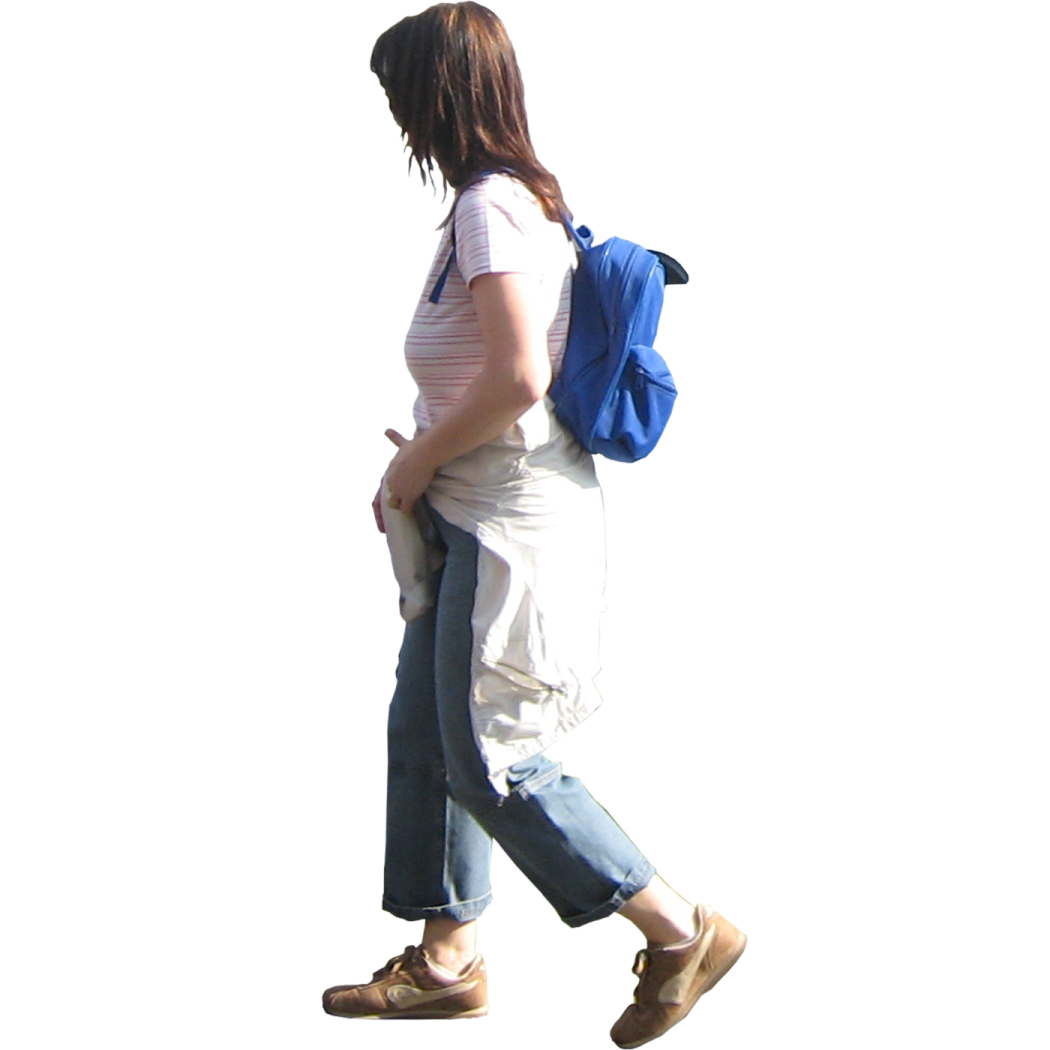 a woman walking with a backpack on her back