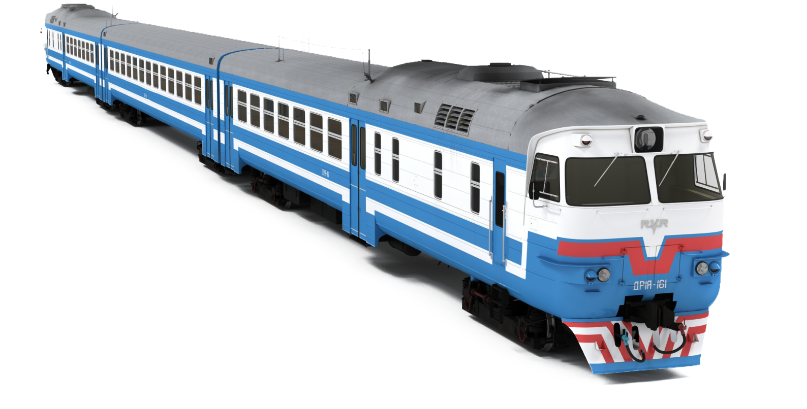 a blue and white train on a white background