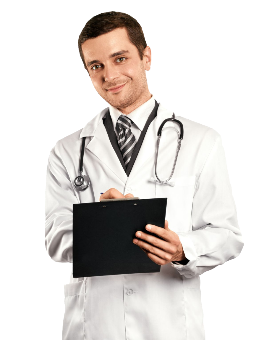 a man in a white coat and tie holding a clipboard