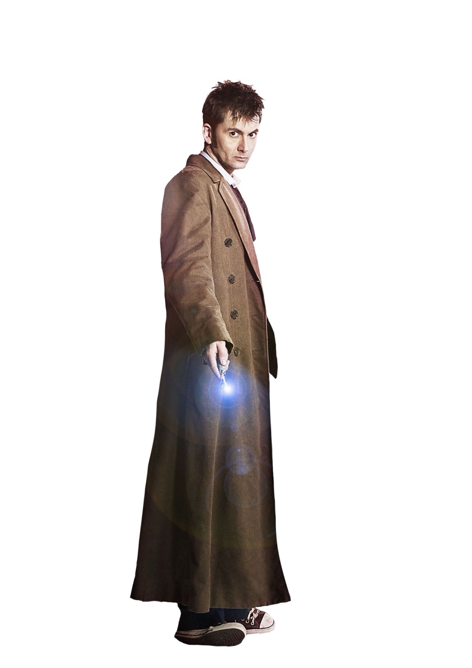 a man in a long coat holding a light