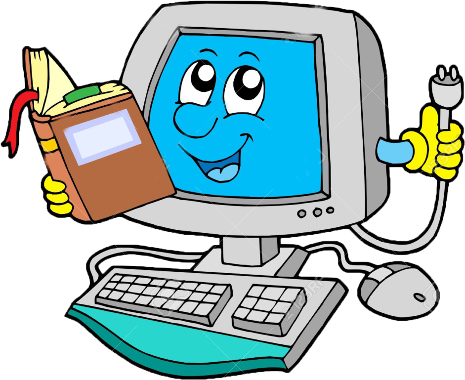 a cartoon computer with a book and mouse