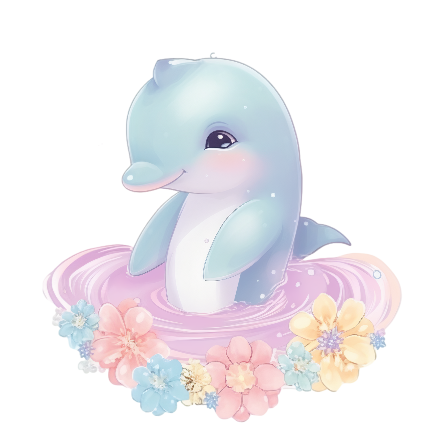 a dolphin in the water with flowers around it