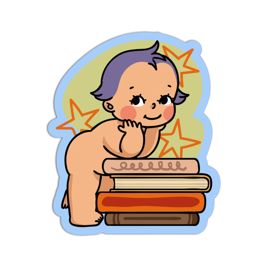 a boy sitting on top of a pile of books