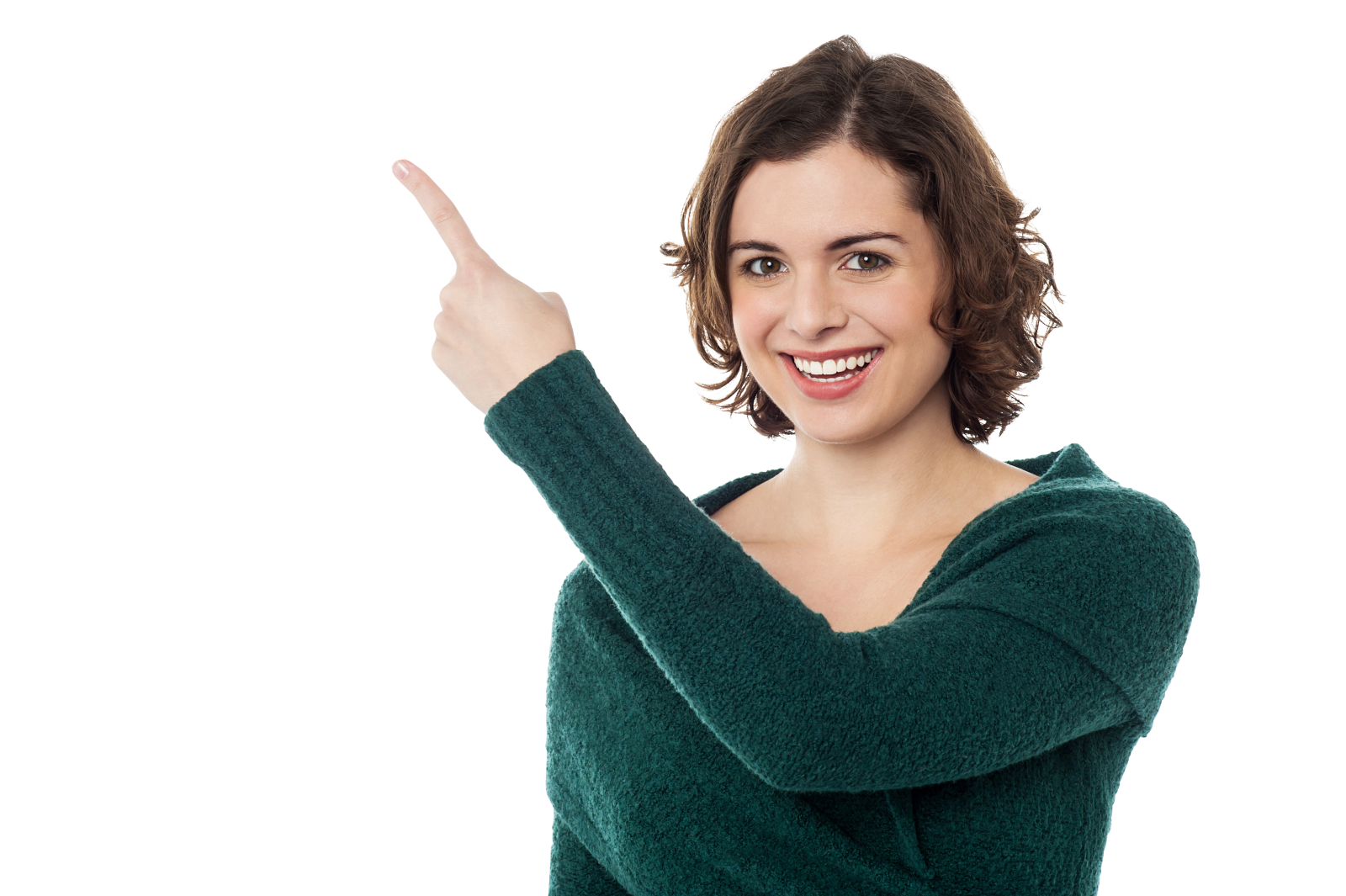 a woman in a green sweater points at the camera