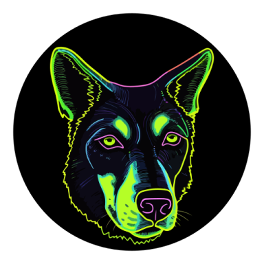 a black dog with neon green eyes