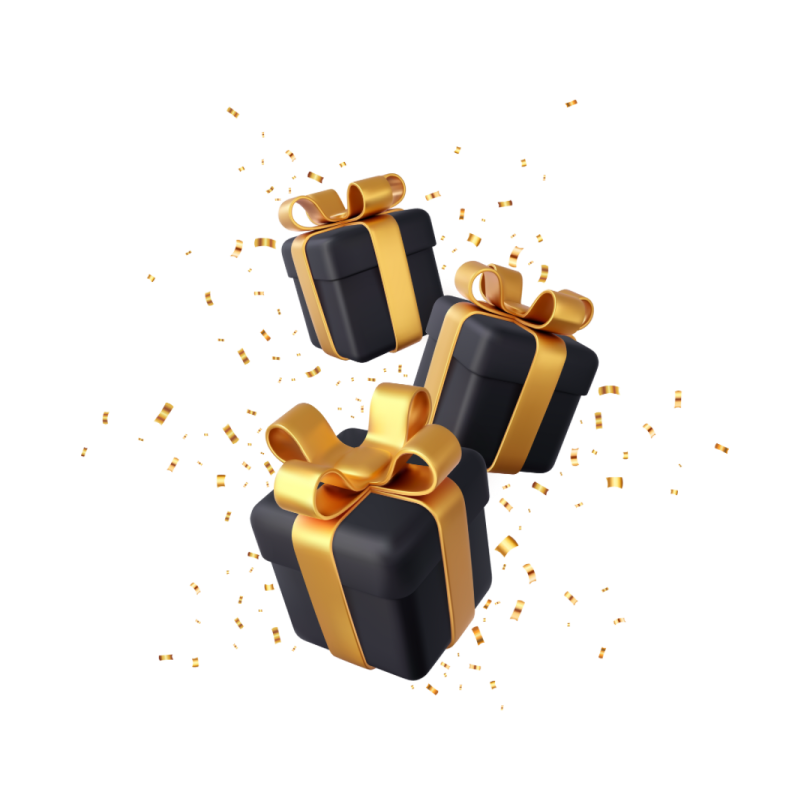 three black and gold gift boxes with golden ribbons