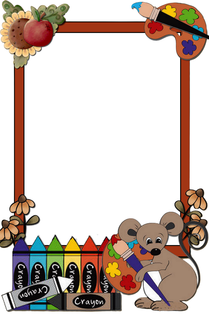 a picture frame with a mouse and some school supplies