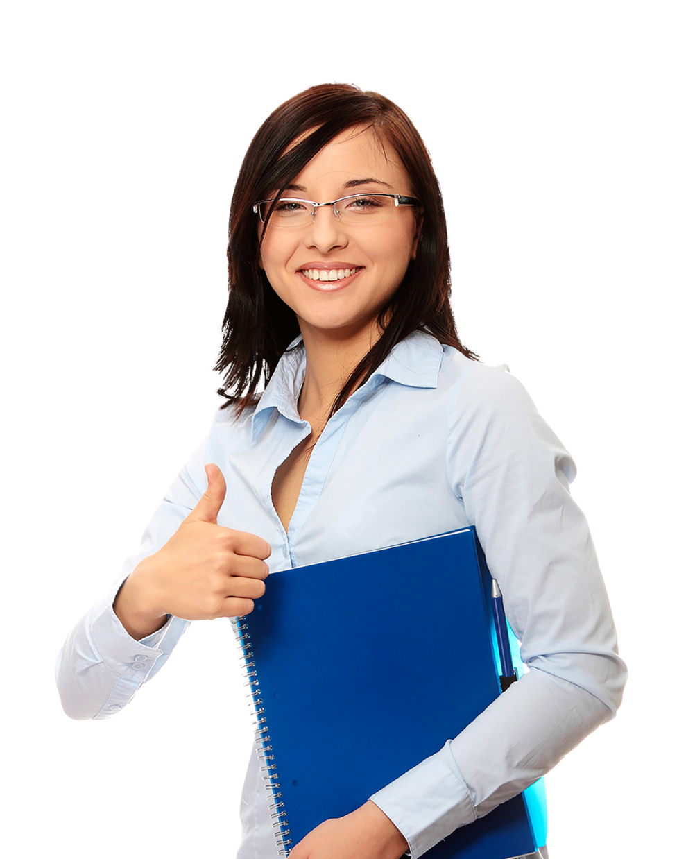 a woman wearing glasses and holding a notebook